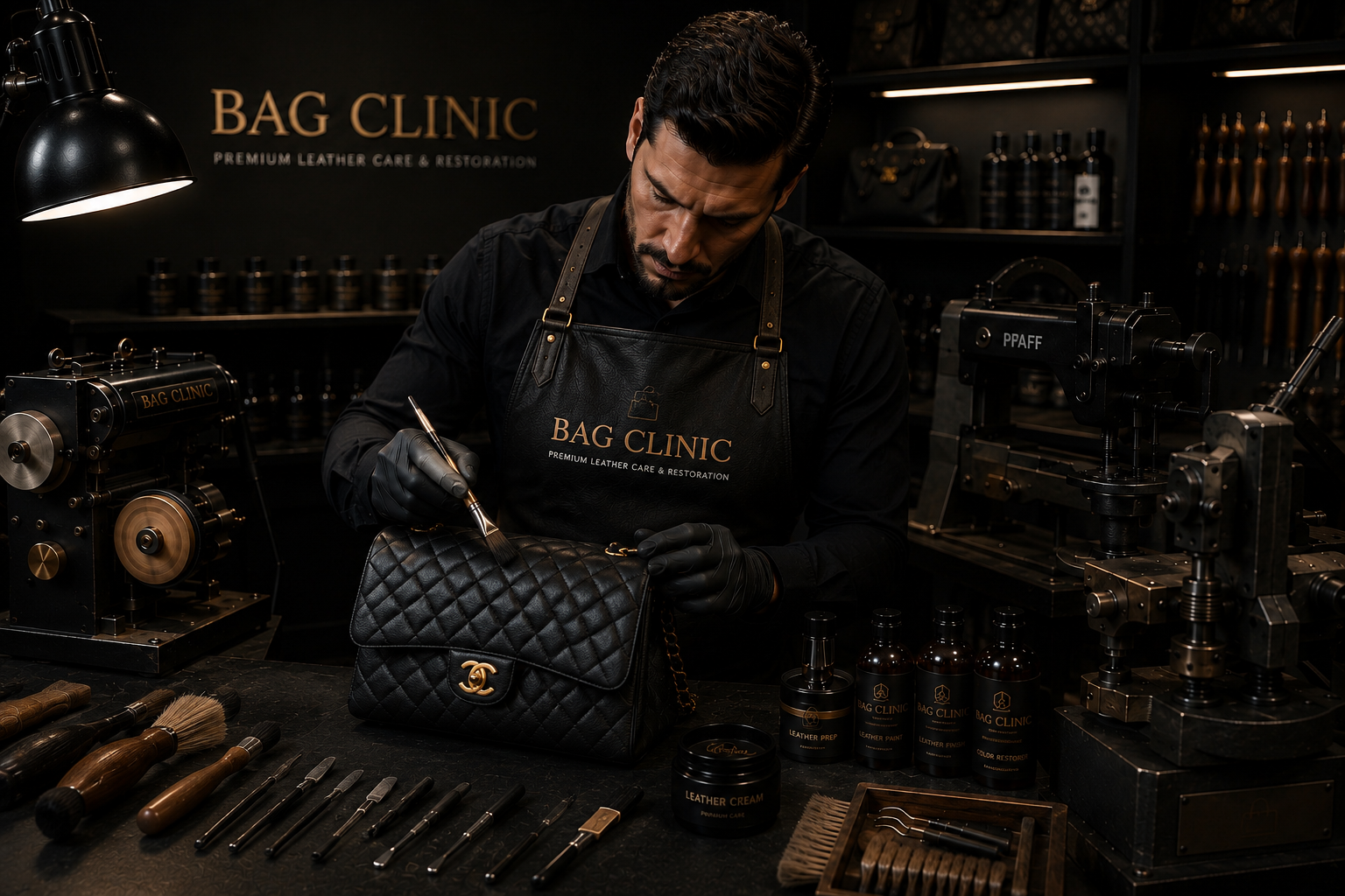 Artesão da Bag Clinic a restaurar uma mala de pele acolchoada no atelier