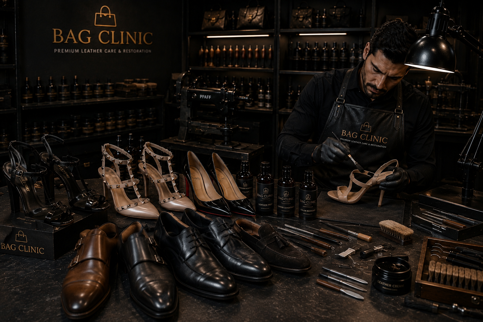 Sapatos de luxo em pele e camurça no atelier da Bag Clinic, incluindo stilettos e sapatos clássicos de homem