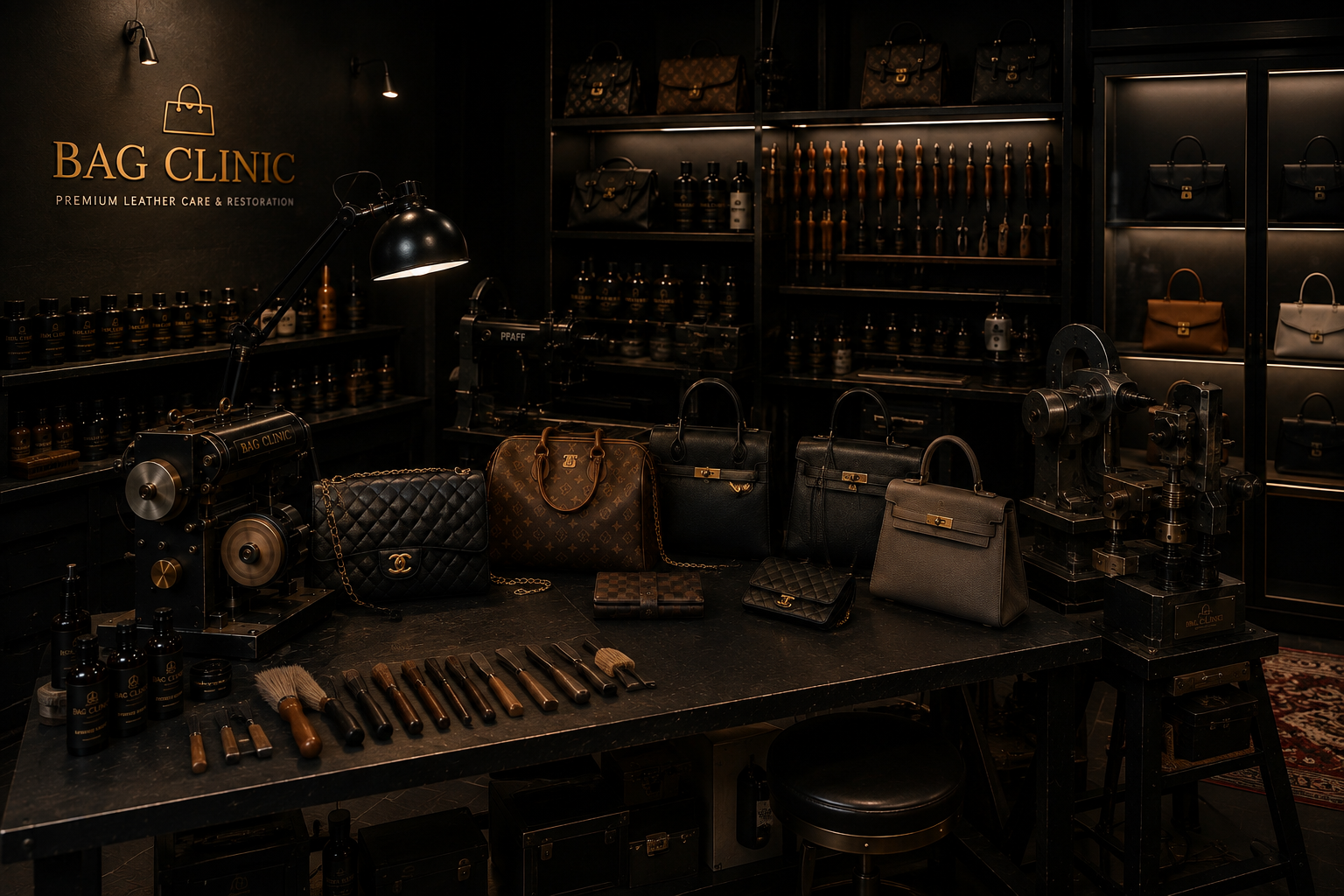 Atelier da Bag Clinic em Lisboa com malas de luxo, ferramentas de restauro e produtos profissionais para pele